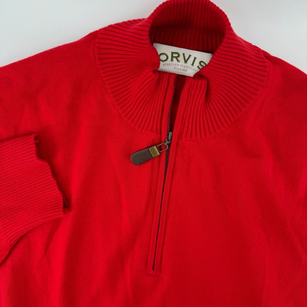 Orvis 1/4 Zip Pullover Sweater Large Red Cotton Silk Cashmere Mock Neck Holiday
